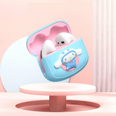 Cute cartoon character in a blue and pink case on a pink background