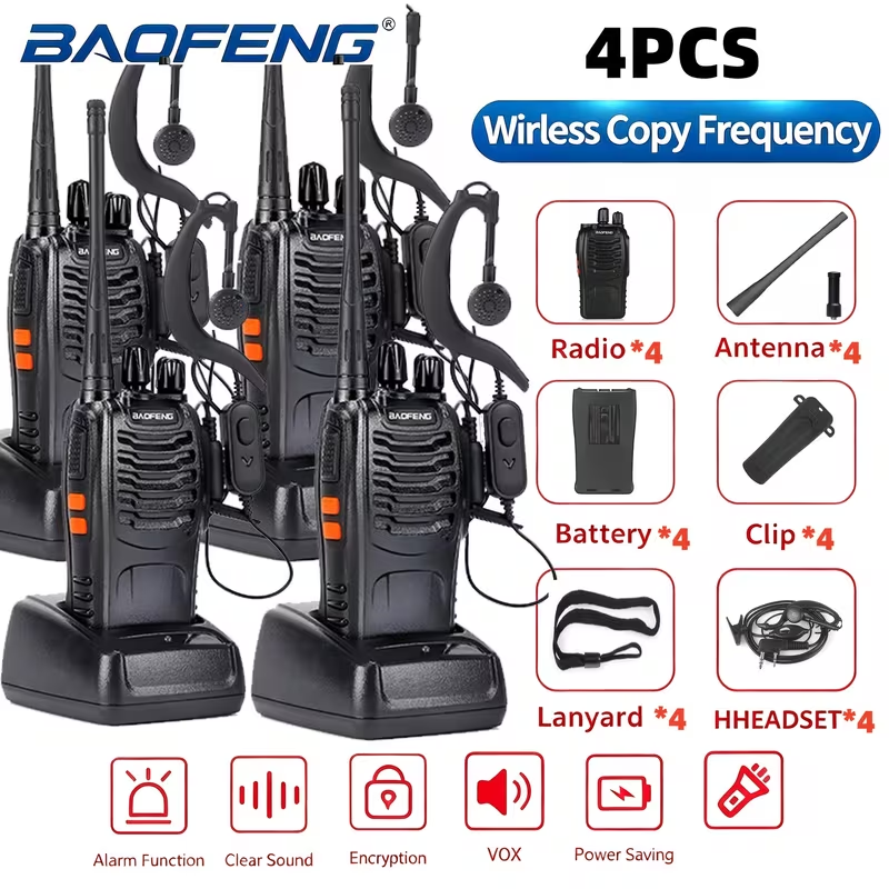 TM-0257 | Baofeng Walkie Talkies 4-Pack, 16-Channel Rechargeable Two-Way Radios for Hunting
