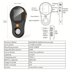 TM-0215 | Digital Microscope 500X Handheld LCD 2" IPS Display 8 LED Lights USB PC Mac