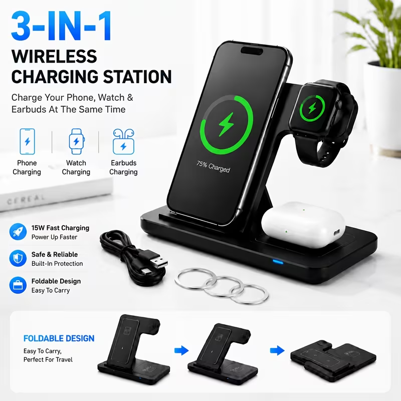 TM-0193 | 3-In-1 Wireless Charging Station, Foldable Fast Wireless Charger Stand