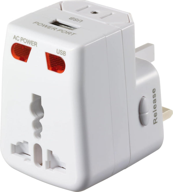 Universal Worldwide Travel USA, UK, EU Adapter with USB -  2-pin, 3-pin, and blade plugs