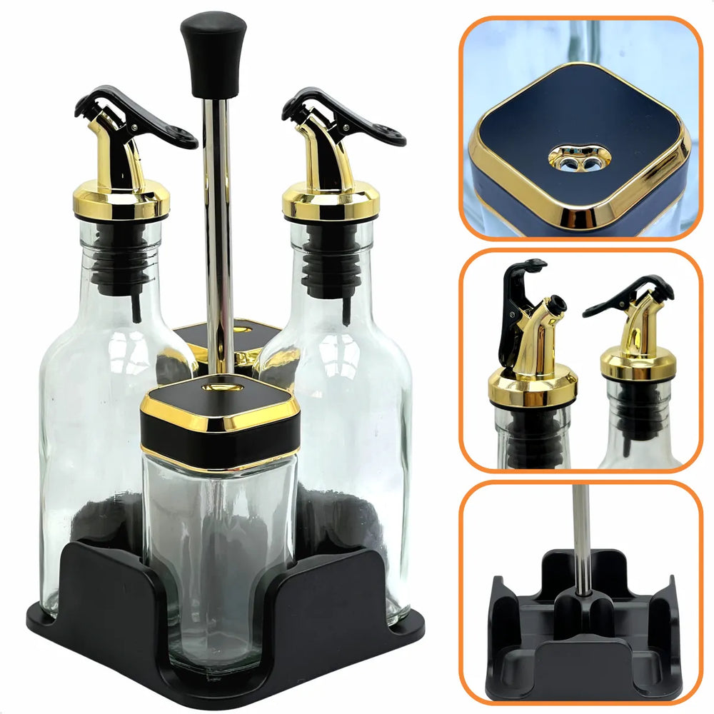 TM-0013 | tamACX Oil and Vinegar Dispenser Set with Caddy, Glass Bottle Seasoning Pepper Salt Dispenser Oil Spouts Oil Funnel Brush Kit