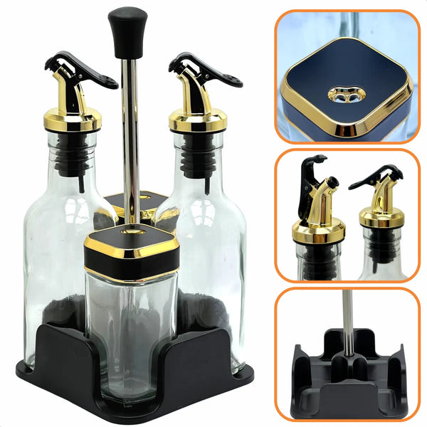 tamACX Oil and Vinegar Dispenser Set with Caddy, Glass Bottle Seasoning Pepper Salt Dispenser Oil Spouts Oil Funnel Brush Kit
