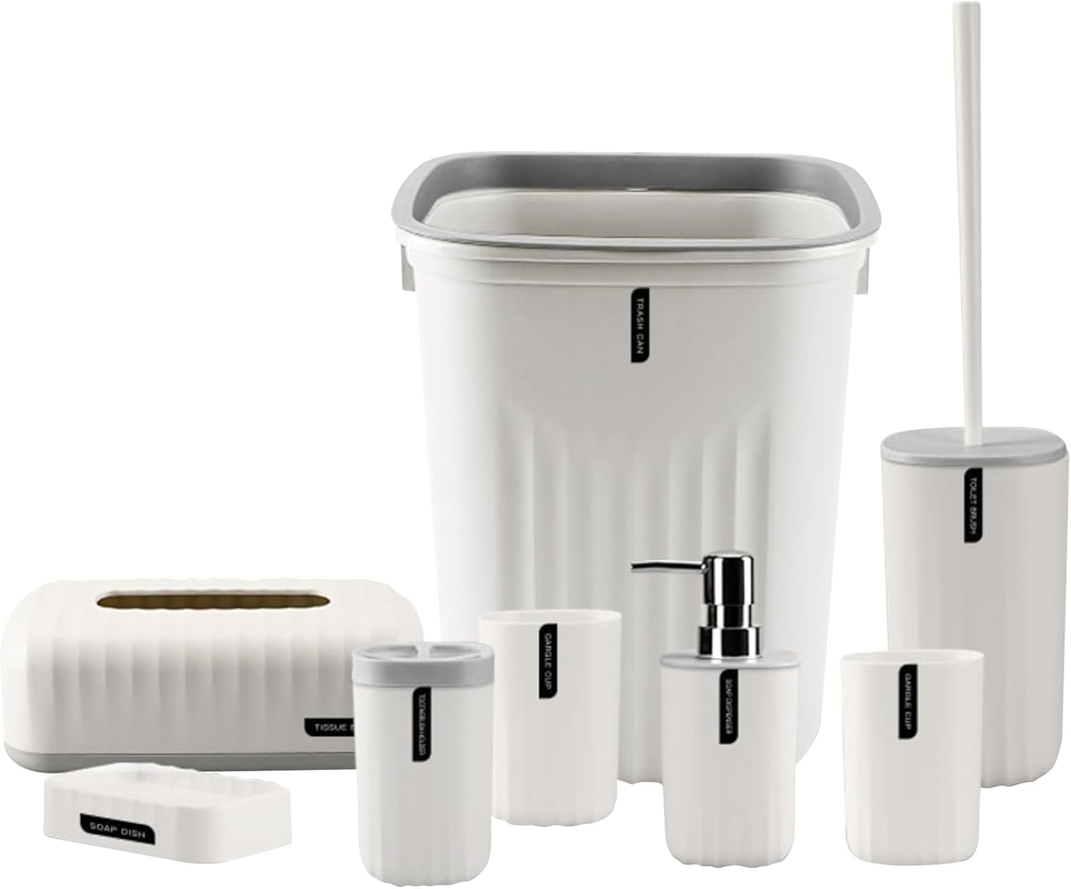 tamACX Bathroom Accessory 8Pcs/Set With Trash Can, Toothbrush Holder And Cup, Soap Dispenser, Soap Dish, Toilet Brush Holder, Tissue Box Cover