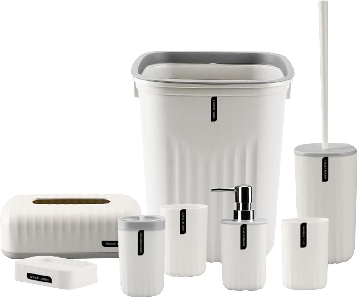 tamACX Bathroom Accessory 8Pcs/Set With Trash Can, Toothbrush Holder And Cup, Soap Dispenser, Soap Dish, Toilet Brush Holder, Tissue Box Cover