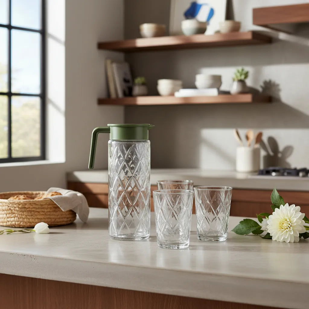Clear glass carafe with green lid on a kitchen counter with glasses and flowers.