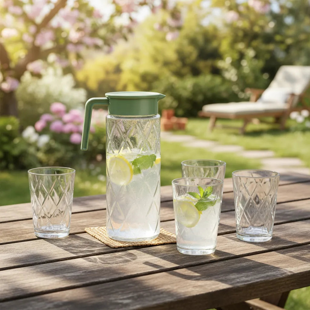 Glass pitcher with lemon water on a wooden table outdoors