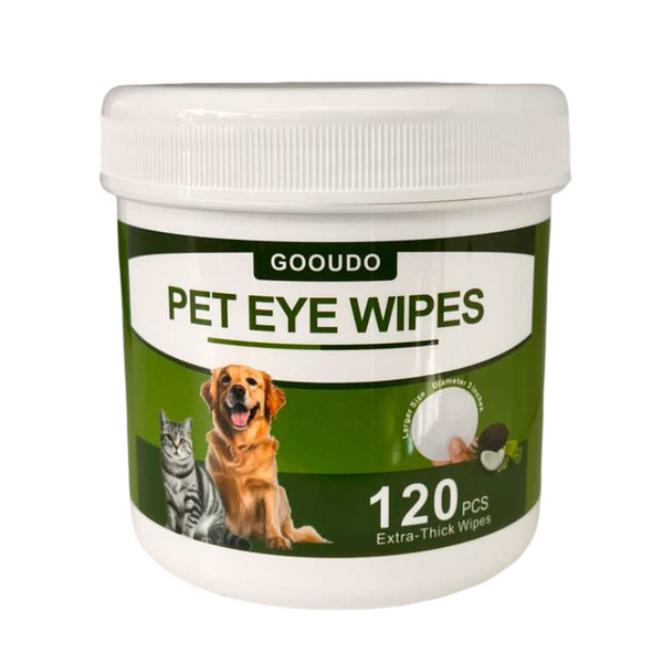 Container of Gooudo Pet Eye Wipes with images of a dog and cat on a white background