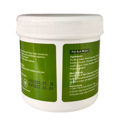 Container of pot eye wipes with green label on a white background