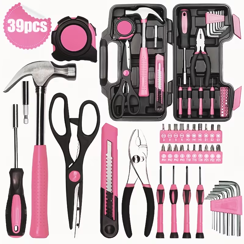 TM-0230 | 39PC Pink Tool Set Screwdriver Hammer Pliers Utility Knife Scissors Home Garage