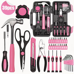 TM-0230 | 39PC Pink Tool Set Screwdriver Hammer Pliers Utility Knife Scissors Home Garage