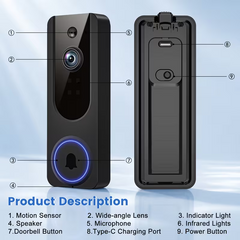 Wireless Smart Doorbell, Security Monitoring Camera, 166° Panoramic View, AI Tracking of People And Vehicles