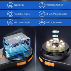 TM-0215 | Digital Microscope 500X Handheld LCD 2" IPS Display 8 LED Lights USB PC Mac