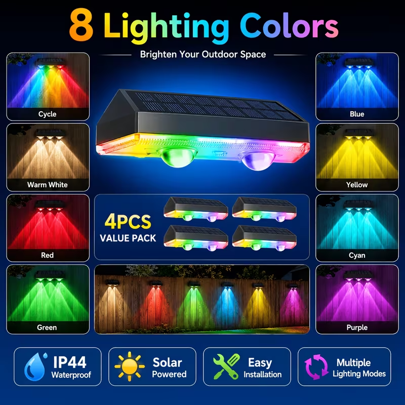 TM-0211 | 4Pcs Solar Wall Lights Outdoor Fence Garden Porch Staircase IP44 9 Color