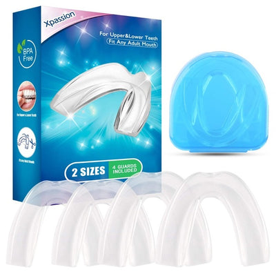 Xpassion mouthguard packaging with multiple mouthguards and a blue case on a white background